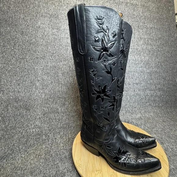 Liberty Boot Co Black Leather Cowboy Boots Sz 7B Tall Floral Cutout Western - Picture 8 of 15